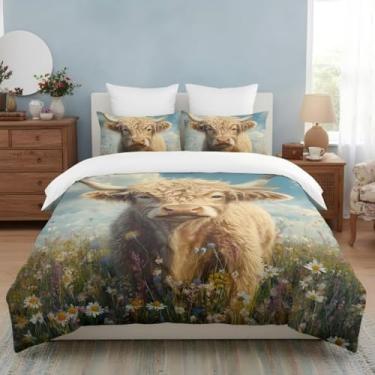 Imagem de CCoutueChen Conjunto de edredom solteiro de vaca Highland para crianças, fazenda, campo, macio, 2 peças, conjunto de colcha de microfibra quente com 1 fronha/68 x 86