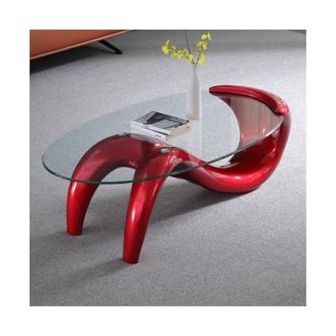 Imagem de Mesa de centro oval moderna de vidro temperado, C35,10 cm, mesa central de chá, sofá para sala de estar, sala de estar, decoração de escritório em casa, montagem fácil, simples (vermelho)