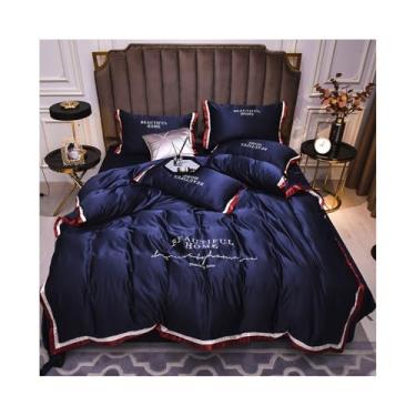 Imagem de Conjunto de cama King Queen de cetim de luxo, cor pura, 4 peças, capa de edredom de rayon sedoso macio com zíper (azul escuro, tamanho Queen, 4 peças)
