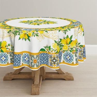 Imagem de Horaldaily Toalha de mesa redonda de verão, 228 x 234 cm, branca, amarela, limão, vintage, lavável, para decoração de festa, piquenique, jantar