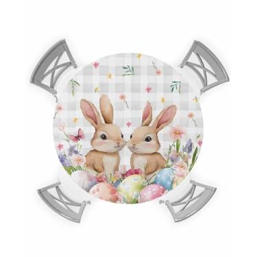 Imagem de Toalha de mesa redonda elástica de Páscoa, coelhos duplos, flores, ovos coloridos, para mesa redonda, à prova de óleo, impermeável, toalha de mesa xadrez cinza de páscoa (adequada para mesa redonda de