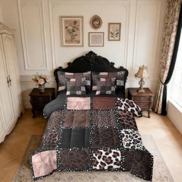 Imagem de Conjunto de cama casal com estampa de leopardo marrom, 7 peças, textura de pele de animal, conjunto de cama geométrica de patchwork, inclui edredom, conjunto de lençol, fronhas e fronhas, decoração de