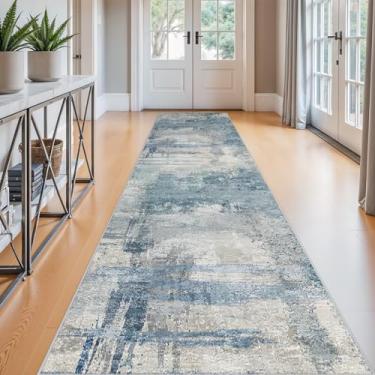 Imagem de BYYVOO Tapete de corredor extra longo de 6 x 30 cm azul cinza abstrato: tapete de corredor lavável antiderrapante para entrada - tapete macio e fino para corredores longos, comprimento personalizado 6