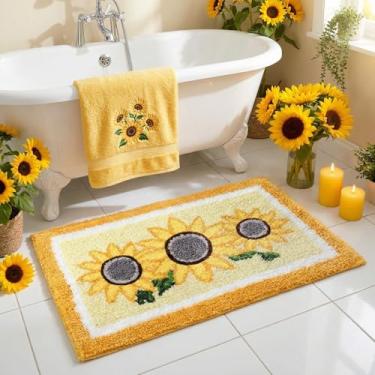 Imagem de Boao Tapete de banho amarelo girassol tapete de banho tufado de girassol primavera banheiro antiderrapante tufado tapete de chuveiro decoração para quarto cozinha porta da frente varanda 61 x 45