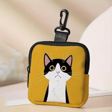 Imagem de Bolsa feminina amarela com estampa de gatinho – bolsa pequena de poliuretano com zíper e gancho para chaveiro, mini carteira com estampa de gato fofo para dinheiro, moedas e fones de ouvido