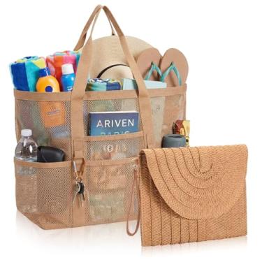 Imagem de Shinylin Bolsa de praia de malha com 2 peças, bolsa de mão de palha para mulheres, conjunto de bolsa de viagem com bolsa de praia com embreagem tecida à mão para férias de verão cruzeiro viagem
