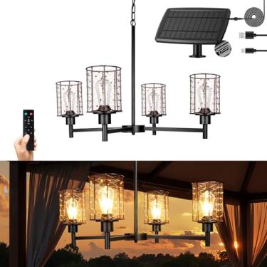 Imagem de ALL FORTUNE Lustre de gazebo solar ao ar livre, 4 luzes pendentes solares de fio de cob...