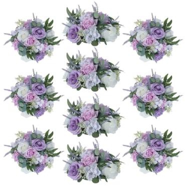 Imagem de Inweder Flores roxas artificiais para decoração: 10 peças de centro de mesa de flores falsas de 23 cm para mesas de casa - casamento lilás rosa branca lavanda seda falsa beijando arranjos florais