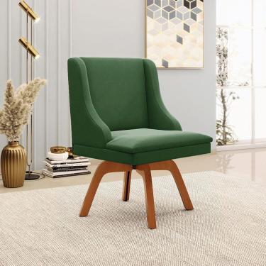 Imagem de Cadeira Decorativa Sala De Jantar Base Giratória De Madeira Firenze Suede Verde Esmeralda/natural