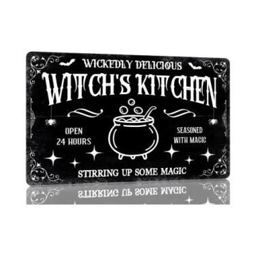 Imagem de Placa Vintage De Metal Para Cafeteria Com Tema De Café Da Bruxa Assust