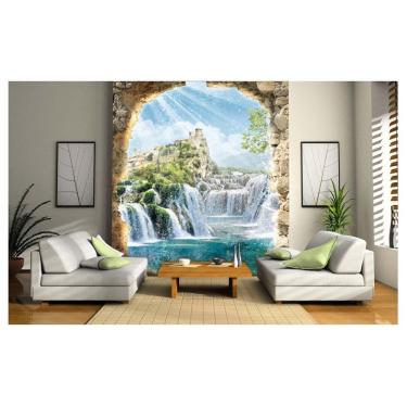 Imagem de Papel De Parede Paisagem Castelo Cachoeira 3D Dav43