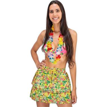 Imagem de Fantasia Carnaval Havaiana Adulta Feminina Kit Saia e Colar Florido - 