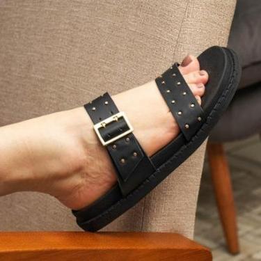 Imagem de Sandália Flat Feminina Papete Salto Baixo Plataforma Tira Brilho Pedraria Casual Passeio-Feminino