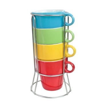 Imagem de Conjunto 4 xicaras porcelana coloridas com suporte 200ml - Livon