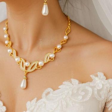 Imagem de L3505-Conjunto Feminino Colar e Brinco Pérola Gota Branco Zirconia Dou