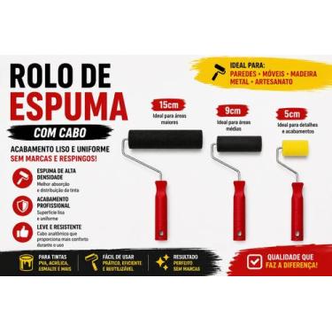 Imagem de Rolo de Pintura Espuma com Cabo 5cm 9cm 15cm Parede Madeira Verniz Med