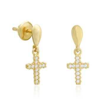 Imagem de Brinco Cruz Com Zircônias Em Ouro 18k - PRADO JÓIAS