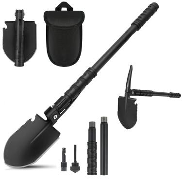 Imagem de FLYEGO Pá de acampamento dobrável 9 em 1, pá militar multifuncional, pá portátil de detecção de metal, ferramenta de entrincheiramento de aço de alto carbono, emergência de carro, caminhadas, jardim,