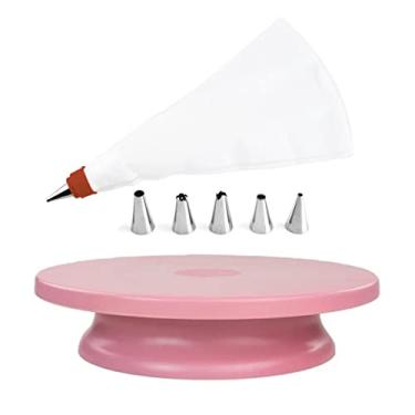 Imagem de Base Giratória Bailarina de Confeitar Bolo e Torta 29,5 Cm Com Kit de 6 Bicos de Confeitar Em Inox (Rosa Bebê)