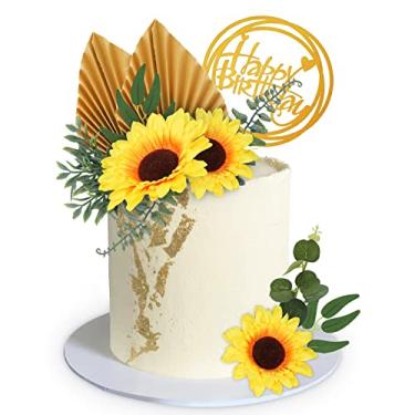 Imagem de MEMOVAN Sunflower Cake Topper 18pcs Sunflower Cake Decoration with Gold Happy Birthday Cake Topper Sunflower Golden Palm Eucalyptus Leaves for Sunflower Boho Summer Theme Birthday Wedding Baby Shower