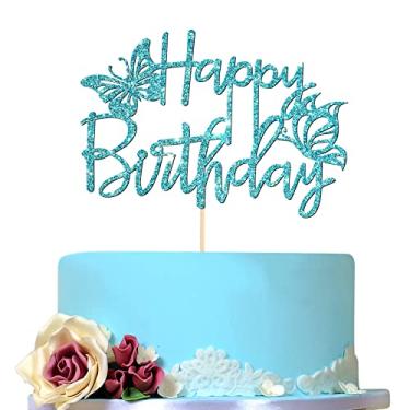 Imagem de Topo de bolo de feliz aniversário azul celeste com borboleta, decoração de bolo de borboleta para aniversário de menina, decorações de aniversário de borboleta, suprimentos de festa de aniversário de