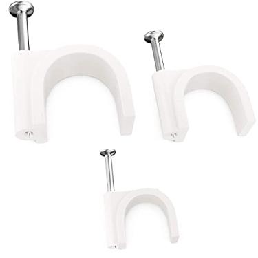 Imagem de Prendedores de cabo de grau profissional com unhas de aço de 4 mm a 14 mm e suportes de arame e tachas. Clipes de plástico duráveis e resistentes a UV ajudam a organizar coaxiais, Ethernet, Cat5, Cat6 e outros cabos., 5, 7, 9mm, white cable clips