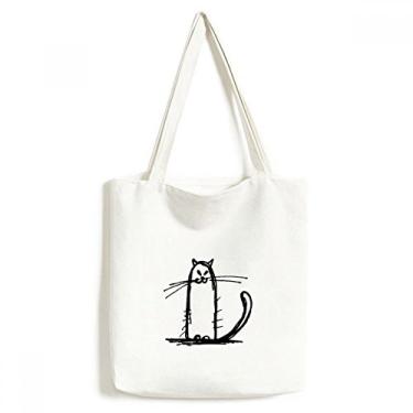 Imagem de Bolsa de lona pequena com estampa de gato sorridente sentada preta bolsa de compras casual