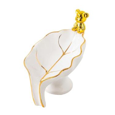 Imagem de Fenteer Saboneteira de cerâmica em formato de folha, autodrenagem, suporte de sabonete, recipiente para chuveiro, bancada, pia, Urso Dourado Branco