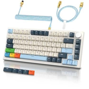 Imagem de ATTACK SHARK Gatilho rápido K85 75% com fio mecânico para jogos com botão magnético de acionamento ajustável, cabo espiral retroiluminado RGB, extra 5 teclas Dye-sub PBT para Win Mac Gamer (azul)