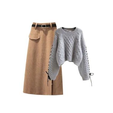 Imagem de Saia tricotada outono inverno pulôver saia coreana feminina roupas em vestido combinando, Parte superior cinza cáqui, PP