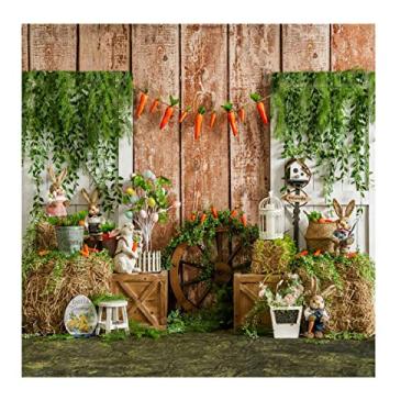 Imagem de Kate 3 x 3 m, primavera, jardim, flores, Páscoa, decoração de cenário, cenário fotográfico, quinta, madeira, parede, coelho, palheiro, cenoura, fotografia de fundo