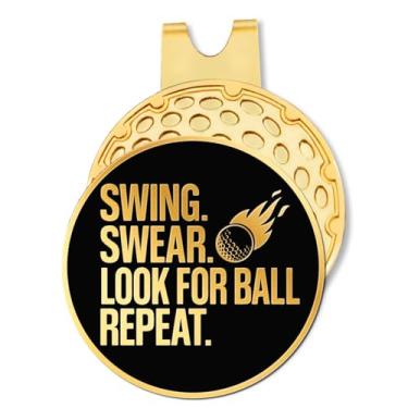 Imagem de Hafhue Swing Swear Look for Ball Marcador de bola de golfe preto dourado com clipe de chapéu, acessórios de golfe engraçados e presentes de golfe para homens, mulheres, pai, avô, presente de