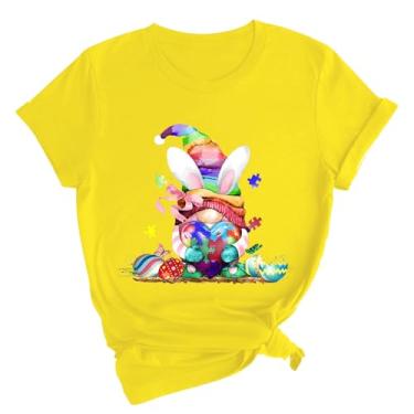 Imagem de Camiseta feminina Happy Easter Day manga curta Happy Bunny camiseta gola redonda moderna para mulheres 2024, Amarelo, XXG