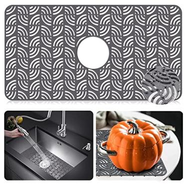 Imagem de Protetor de pia de silicone premium para pia de cozinha, tapete de pia de cozinha 66 x 35 cm com ralo central, atualizado resistente ao calor e antiderrapante, perfeito para a parte inferior da pia de porcelana de aço inoxidável da fazenda