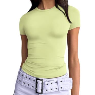 Imagem de Trendy Queen Camisetas femininas básicas de gola redonda manga curta tops bonitos de verão camisetas slim fit roupas Y2k 2024, Verde limão, PP