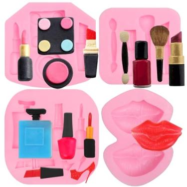 Imagem de Moldes de silicone para maquiagem, chocolate, 4 peças, batom, perfume, salto alto, fondant para decoração de bolos, topper de cupcake de doces, argila de polímero, artesanato, molde cosmético