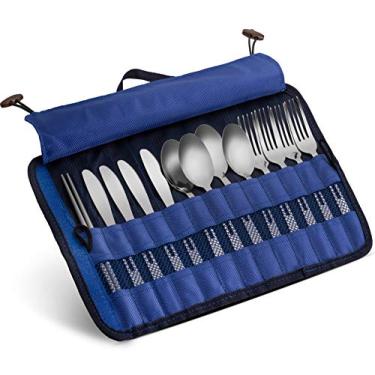 Imagem de Conjunto de utensílios de piquenique de aço inoxidável com 13 peças de talheres para a família com estojo de viagem para acampamento | caminhadas | churrascos - inclui garfos | colheres | facas | pauzinho, mais estojo de nylon (azul escuro)