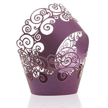 Imagem de Embalagem com 100 lenços de cupcake KPOSIYA Cupcake Wraps Filigrana Artistic Bake Paper Cup Little Vine Laser Cut Liner Baking Cups Holder Muffin Case Trays for Wedding Party Birthday Decoration, Roxa, 100