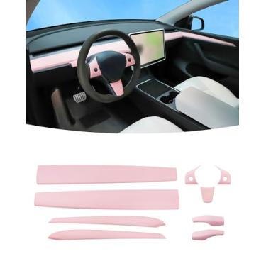 Imagem de KKTR-CAR Capa de painel de painel e acabamento da tampa do painel do apoio de braço interno da porta da frente compatível com Tesla Model Y/3 (rosa, 9 peças)