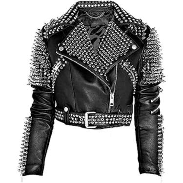 Imagem de SPAZEUP Jaqueta feminina Brando Rock Punk Britney Spikes cravejada preta jaqueta de motocicleta - Jaqueta de couro cravejada feminina, Couro legítimo preto, 3G