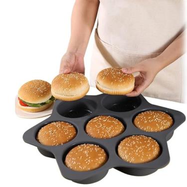 Imagem de Pão de Hambúrguer de Silicone, 7 Cavidades Forma de Pão de Silicone Perfurada de Padaria Assadeiras Antiaderentes Pão de Pão Assadeira Antiaderente Panela de Bastão Fácil de (GREY)