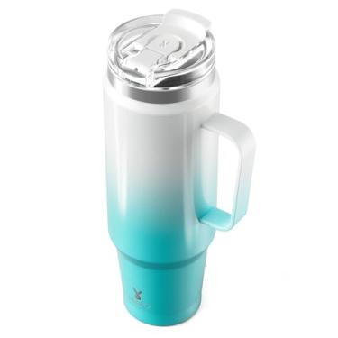 Imagem de Meoky Copo de 1,134 g com alça, caneca de viagem de aço inoxidável com canudo 2 em 1 e tampa de gole, caneca de café isolada a vácuo, 100% à prova de vazamento, mantém frio por 34 horas ou quente por