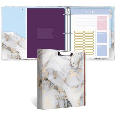 Imagem de Fichário de 3 anéis, fichário redondo de 5 cm com prancheta, abas divisórias, mangas de bolsa com zíper de PVC e planejadores de listas de tarefas, fichário decorativo para mulheres, homens, escola,