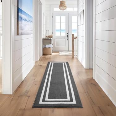 Imagem de Nautica Tufted Runner Rug - Double Line Border | Modern Home Décor | Measures 26"x96" | Dark Grey and White