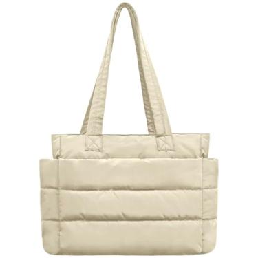 Imagem de charlore Bolsa feminina acolchoada acolchoada com compartimentos, bolsa de ombro leve e inchada para viagens, trabalho, academia, Off-white, Small