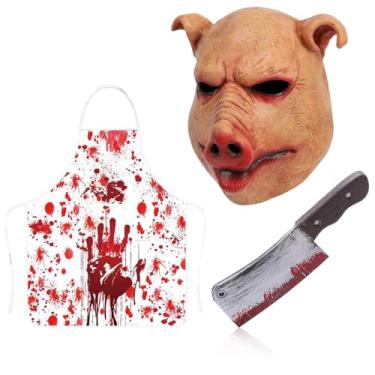 Imagem de Stobbod Horror Pig Mask Scary Realistic Animal Mask Butcher Set Creepy Halloween Cosplay Props Masquerade Party Costume Full Head Latex Accessories