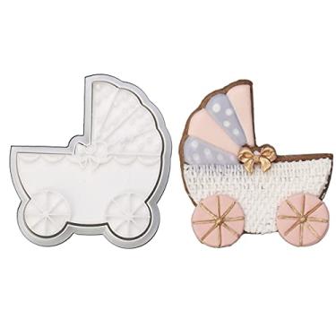 Imagem de Mostop Cortador de biscoito 3D com carimbos de carrinho de bebê Molde de bolo de chá de bebê Ferramentas de decoração de fondant Molde DIY para artesanato de açúcar festa de aniversário infantil ferramentas de cozinha (8,9 cm, carrinho de bebê)