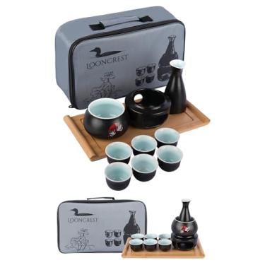 Imagem de Conjunto de copos de saquê japonês com 6 copos de cerâmica, 1 garrafa de saquê de cerâmica, 1 aquecedor de saquê de cerâmica, bandeja de bambu e estojo de transporte de pano - Conjunto de saquê quente
