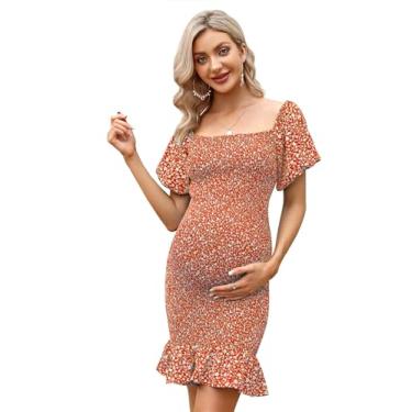 Imagem de FUNJULY Vestido feminino de maternidade com bainha com babados e decote quadrado, manga bufante, ombro de fora, vestido de verão para gestantes, Laranja, amarelo, XGG