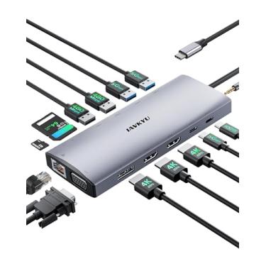 Imagem de Estação de ancoragem USB-C, base multivisor para laptop, monitor duplo, adaptador multiportas USB C Hub com 4K HDMI, DP, VGA, entrega de energia de 100 W, Gigabit Ethernet para